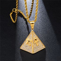 Cubic Zircon Egypt Pyramid Pendant Necklace With The Eye Of Horus And Ankh Key Charms Pave CZ Zircon Bling Hip Hop Jewelry Gift 261G