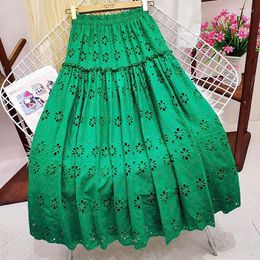 Skirts Fashion Hollowed Out Embroidery Skirt Women's Spring Summer High-Waisted All-Matching Slim Pleated Mid-Length A-Line
