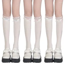 Women Socks Japanese Thin Solid Over The Calf Long Sweet Lace Trim Spliced Ribbon Bowknot Knee Length Stockings