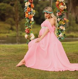 Maternity Maxi Dress Chiffon Wrapped Ruched Off Shoulder Dropped Sleeve Fitted Photoshoot Baby Shower Dresses
