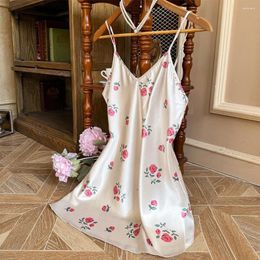 Women's Sleepwear Backless Ice Silk Halter Dress Sexy Summer Pajamas Short Skirt Rose Flower House Wear Nightdress Casual