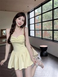 Casual Dresses Women Summer Sweet Sundress Trendy Spicy Girl Off Shoulder Pleated Sexy Sleeveless Suspender Dress Yellow Mini Sling Bud