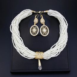 Sunspicems Morocco Crystal Bead Necklace Multilayer Pearl Choker Earring Gold Colour Arabic Bride Wedding Jewellery Sets 240511