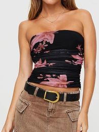 Women's Tanks Women Floral Print Tube Tops Summer Chic Ruched Boat Neck Strapless Tank Slim Fit Backless Bandeau Camis Club Streetwear