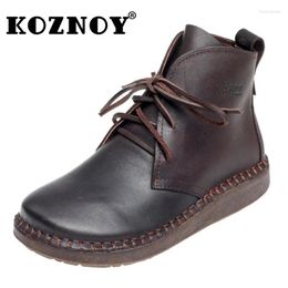 Boots Koznoy 1.5cm 2024 Cow Natural Genuine Leather Ankle Comfy Spring Autumn Booties Flats Moccasins Women Lace Up Shoes