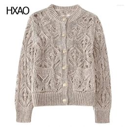 Women's Knits HXAO Cardigan Women Knitted Sweater Khaki Long Sleeve Knitwears Spring Outerwear Cashmere 2024