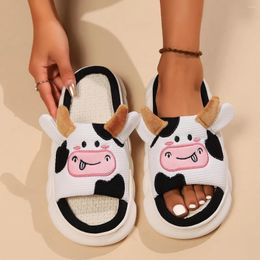 Slippers Casual Home Women Animal Cartoon Cow Designer Open Toe Slides House Cute Cotton Linen Platform Shoes Girls Flat Fashion