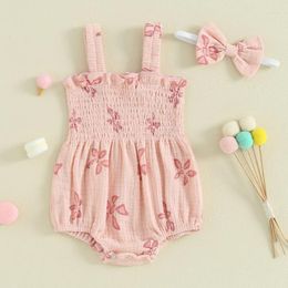 Clothing Sets Summer Infant Baby Girls Sleeveless Floral Romper With Headband Children Sweet Pink Linen Jumpsuits Kids 2pcs Suit