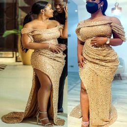 Plus Size Arabic Aso Ebi Gold Sexy Sequined Prom Dresses High Split Sheath Evening Formal Party Second Reception Bridesmaid Gowns Dress 241j