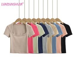 LUNDUNSHIJIA Summer Fashion Deep Square Neck Short Sleeve Tee Tops Women Short Style Basic T Shirts 9 Colours 240517