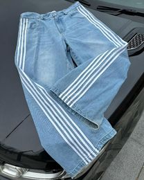 Women's Jeans Harajuku Simplicity Side Stripe Trendy Brands Blue Wash Unisex Sports Y2k Couple Streetwear Straight Denim Pants