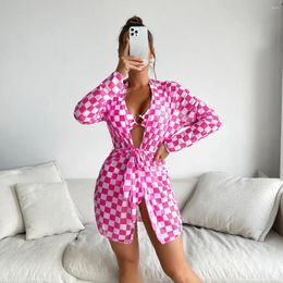 Women's Swimwear Woman 3pack Plaid Printed Halter High Waist Bikini Swimsuit&Kimono Cover Up 2024 Beachwear Bathing Suit Pink