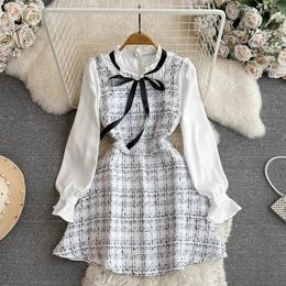 False Two Pieces Womens Plain Pattern Patch Workbench Collar Long sleeved Thick Tweed Tank Top Autumn Womens Dress Direct 240515
