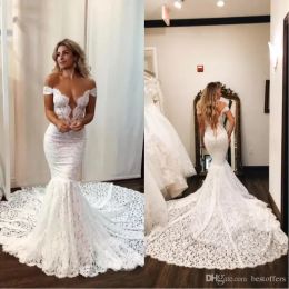 Dresses 2022 Elegant Full Lace Mermaid Wedding Dresses Sexy Sheer Backless With Buttons Off the Shoulder Long Train Bride Wedding Gowns BC