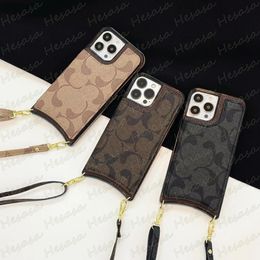 Luxurious Designer Fold Card Pocket Phone Case for iPhone 15 14 13 12 11 Pro Max X Xs Xr 8 7 Plus Premium Fashion Letter Print Back Shell Shoulder Cross Body Strap Cover