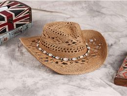 Western cowboy straw hat hollow out paper rope weaving handmade Beaded sunshade casual hat2636414