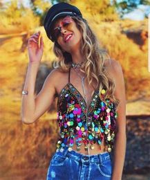 Rainbow Sequin Tassel Mermaid Mirror Festival Harness Bra Bralette Crop Top Beading Coins LaceUp Chiffon Boho Cami 2106239613734