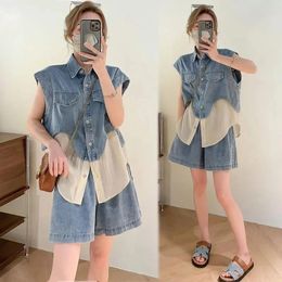 Women's Two Piece Pants Jeans Suit Summer 2024 Korean Sleeveless Denim Stitching Top Short Two-piece Female Thin Casual Outfit Ladies