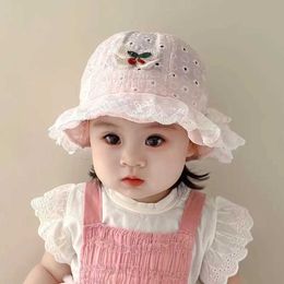 Caps Hats Summer Baby Bucket Hat Breathable Cotton Bows Infant Girls Sun Hats Hollow Flower Toddler Kids Panama Cap Y240517
