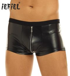 iEFiEL Mens Lingerie Panties Wetlook Faux Leather Zipper Jockstraps Bulge Pouch Low Rise Gay Boxer Shorts Underwear Underpants4587093