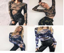 Sexy Long Sleeve Sheer Mesh Military Camo Camouflage TShirt Tee Cropped Crop Top Two Colour Size S M L6094137