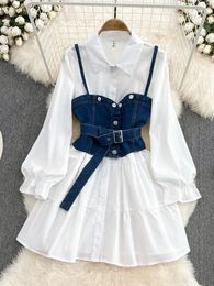 Spring Autumn Cowboy Waistcoat Shirt Dress Female Elegant Length Sleeve White Shirt Dress Vest Womens Twopiece Set GD785 240517