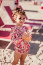 Girl Two Pieces Suit 2-11 Year Children Long Sleeve Skirt Swimsuit Kid Cute Flower Print Swimwear Bathing Suit 240511