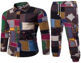 Mens Vacation Set Linen Long Pant Ethnic Style Patchwork Male Suit Festival Wear Plus Size 5XL Europe Slim Shirt 2022 Autumn7281293