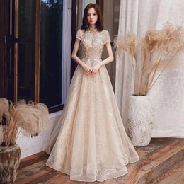 Party Dresses Women's 2024 Spring Champagne Gold Evening Dress Half High Neck Style Short Sleeve Birthday Banquet Backless A-line