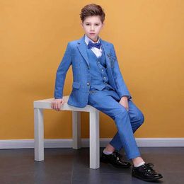 Suits Flower Boys Plaid Blue Photograph Suit Kids Wedding Party Dress Teenager Birthday Tuxedo Dress Children Graduation Stage Costume Y240516