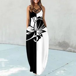 Casual Dresses Womens Sleeveless Loose Prints Strap Long Maxi Dress With Pockets