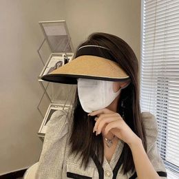 Wide Brim Hats Woman Summer Big Visor Hat Cover Face Letter With Lanyard Beach Cap Sun Straw Women Sunscreen