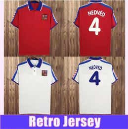 1996 Czech Republic Retro Soccer Jersey #4 NEDVED #18 NOVOTNY #8 POBORSKY Home Red Away White Football Shirt
