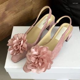 Dress Shoes Flower Design Chunky Heels Mules Women Elegant Suede High Pink Pointed Toe Low Heel Sandals Mary Jane Pumps