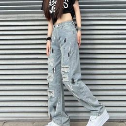 Women's Jeans Torn For Women Blue Straight Leg With Pockets Denim Pants Woman Holes Decorations High Waist S Trousers Ripped Fitted A