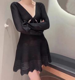 Women Spring and Summer Classic Black Hollow Sexy VNeck Knitted Bell Sleeve Short Dress 240513