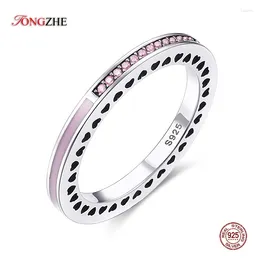 Cluster Rings TONGZHE Charm Pink Crystal Stones Radiant Hearts For Women 925 Sterling Silver Enamel Two Ringlet Jewellery Wedding Gift