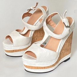 Sandals 2024 Real Pos Handmade Women T-Strap Faux Suede Wedges Heels Peep Toe Elegant Black Party Dress Shoes Size 35 47 52