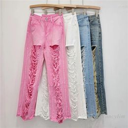 Women's Jeans Pink Ripped Draping Casual Women Summer High Waist Loose And Slimming All-Matching Straight Wide Leg Pants Denimwear