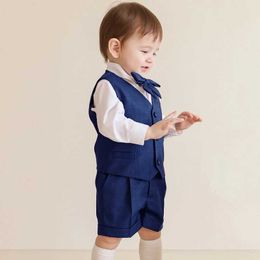 Clothing Sets Boutique Boys Girls Clothes Set Formal Birthday Suit Kids Blue Vest Shirt Short Bowtie Wedding Dress Suit Costume Y240515