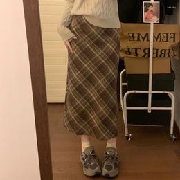 Skirts Woolen Plaid Midi Skirt With Belt High Waist A-line Long Tartan Women Preppy Academia Fall Winter Outfit