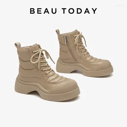 Boots BEAUTODAY Warm Women Genuine Cow Leather Solid Colour Round Toe Zipper Design 2024 Winter Ladies Shoes Handmade 05403