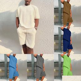 Mens Tracksuits Spring Autumn Men Knit Short Sleeve T Shirt Shorts Suit Solid Color Casual Two-Piece Set Sport Vacation Trend Clothi Dhveo