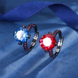 Cluster Rings EYIKA Black Gold Plated Prong Setting Round Created Ruby Aquamarine Stone Ring Rose Red Zircon Adjustable Wedding Jewelry