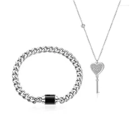 Necklace Earrings Set 2pcs His And Her Couple Bracelet Key Pendant Lock Dropship