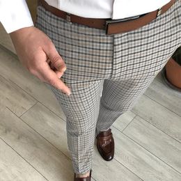 Men's Pants Plaid Print Party Suit Stretch Skinny Man Trousers Men Casual Y2k Clothing Pockets Gym Work Pantalones Straight Street