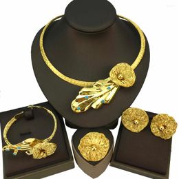Necklace Earrings Set Yuminglai Women Brazilian Style Fashion Bride Wedding Trendy African 24K Gold Plated Copper Jewelry FHK18194