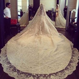 Luxury Ivory 3M Long Rhinestones Cathedral Wedding Veils With Lace Applique Trim Crystals One Layer Tulle Sequined Bridal Veil 290d