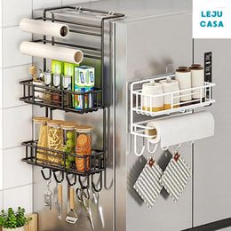 Kitchen Storage Fridge Spice Rack Organiser Without Hole Refrigerator Side Shelf With Paper Towel Holder Space Saving