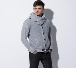 2018 Men Winter Knitted Sweatercoat Turtleneck Sweaters Male slim fit Cardigan Horn button Sweater coat scarf collar Knitwear3381311
